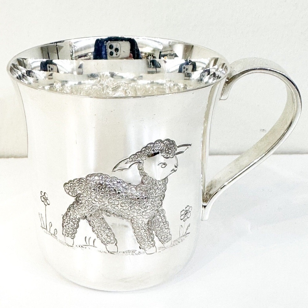 Tiffany Sterling Silver 2.5" Hand Chased Flowers and Lamb Baby Cup